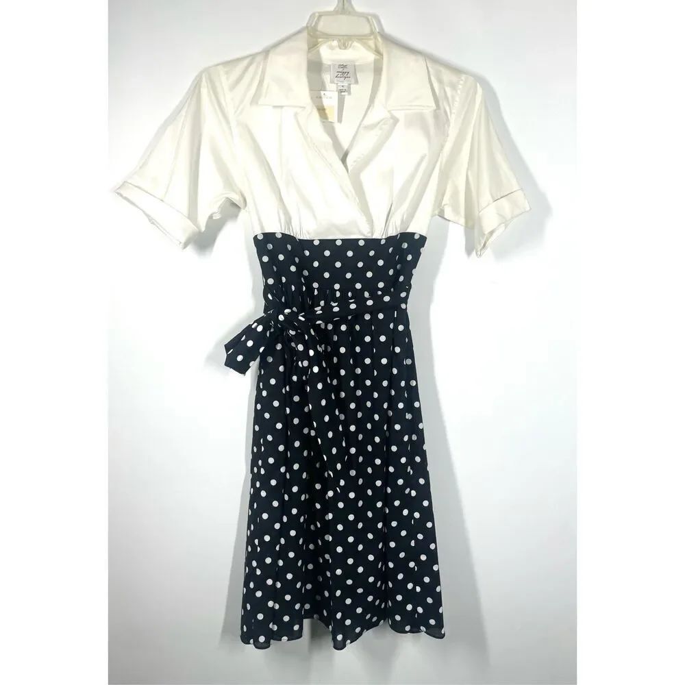 Suzi Chin for Maggy Boutique S Sleeve Polka Dot Casual Dress Black & White 4 NWT